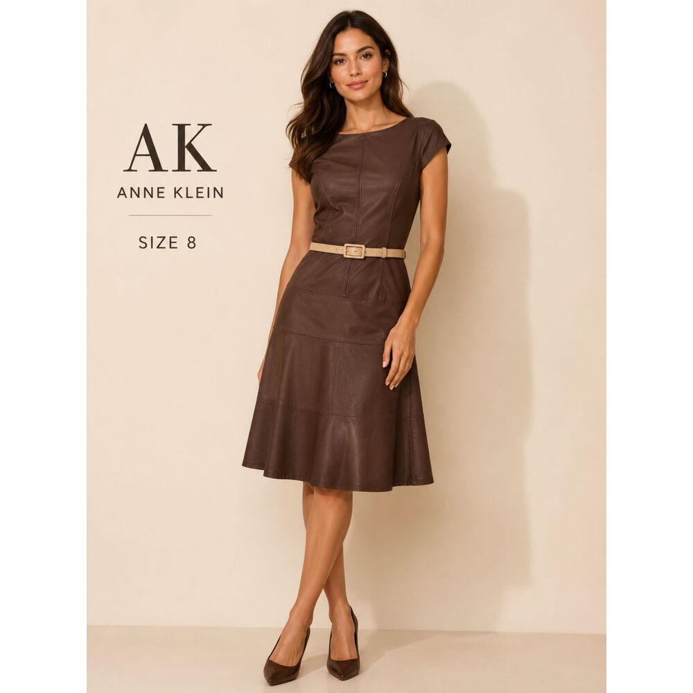 AK Anne Klein Dress Womens 8 Brown Belted Cap Sleeve Fit Flare Stretch Career